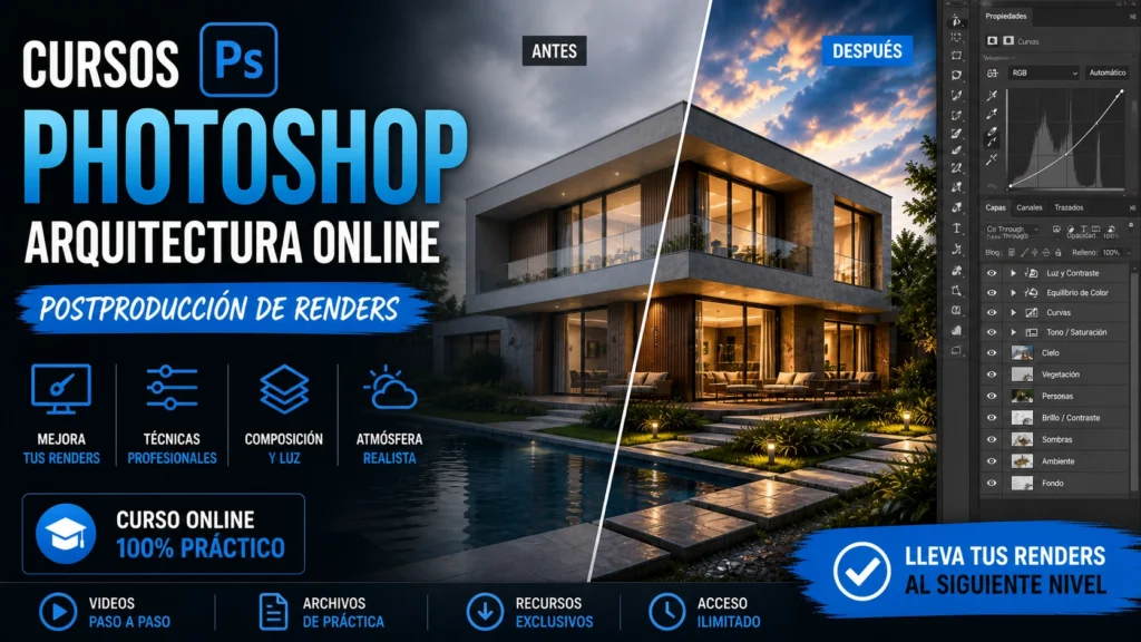 Curso de Photoshop para arquitectura mostrando postproducción de renders con antes y después en visualización arquitectónica profesional