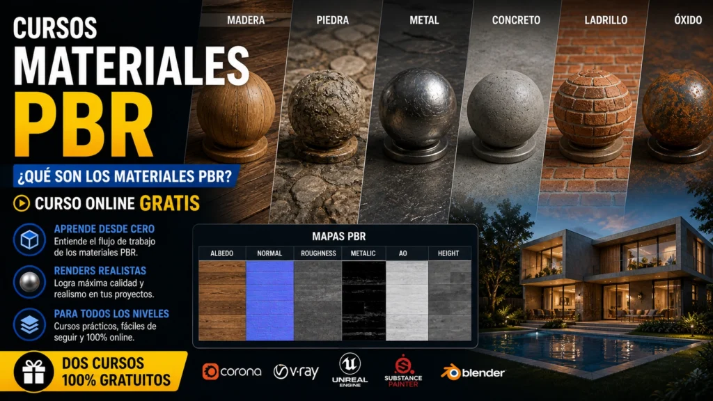Curso de materiales PBR gratis mostrando texturas realistas de madera, piedra y metal con mapas PBR para renders arquitectónicos profesionales
