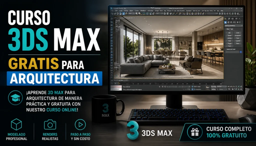 Curso de 3ds Max para arquitectura gratis mostrando render interior profesional y aprendizaje de modelado y visualización 3D en arquitectura