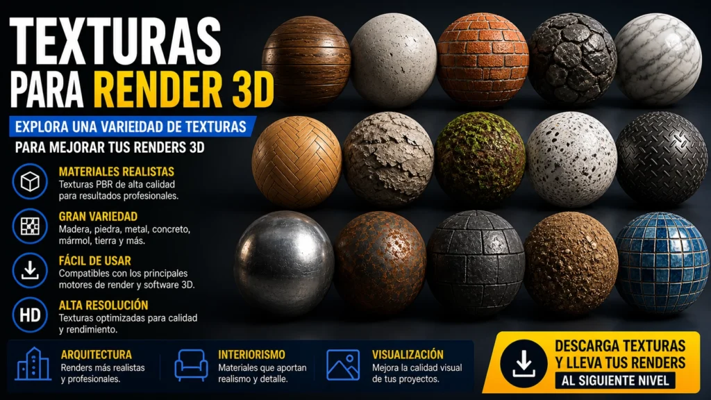 Texturas para render 3D con materiales PBR realistas como madera, piedra, metal y superficies para mejorar la calidad de renders arquitectónicos