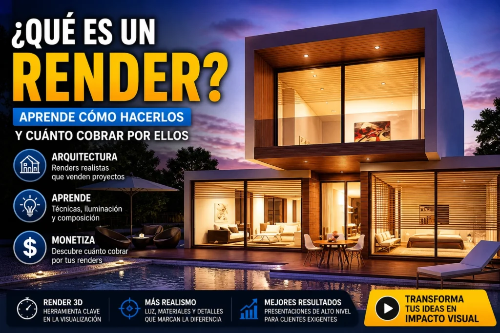 Qué es un render arquitectónico mostrando casa moderna iluminada y visualización 3D realista para proyectos de arquitectura