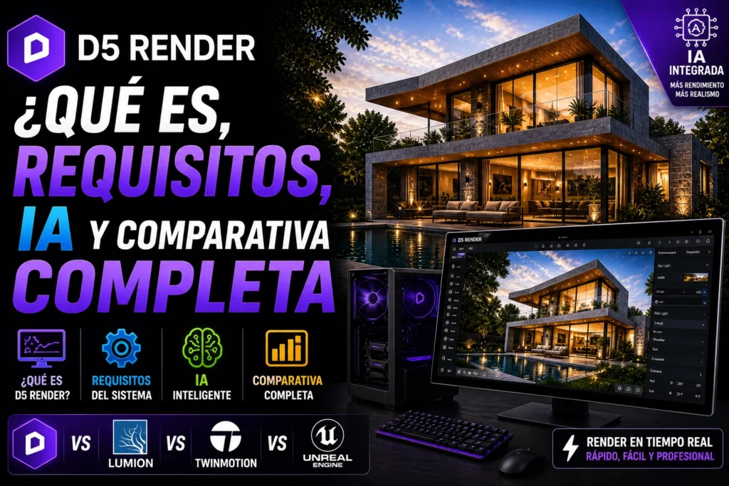 D5 Render qué es y requisitos con IA mostrando render arquitectónico en tiempo real y comparativa con otros motores de render