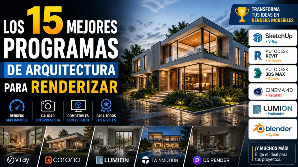 Mejores programas de arquitectura para renderizar mostrando software 3D y visualización arquitectónica con renders realistas en diferentes herramientas