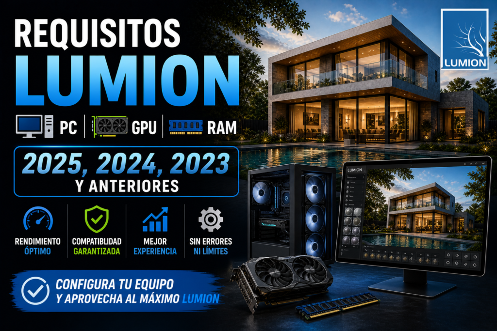 Requisitos de Lumion para PC con GPU y RAM mostrando equipo, tarjeta gráfica y render arquitectónico en tiempo real para diferentes versiones