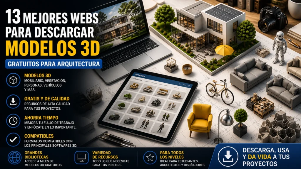 Descargar modelos 3D gratis para arquitectura mostrando librería de objetos 3D, vivienda moderna y recursos para renders profesionales