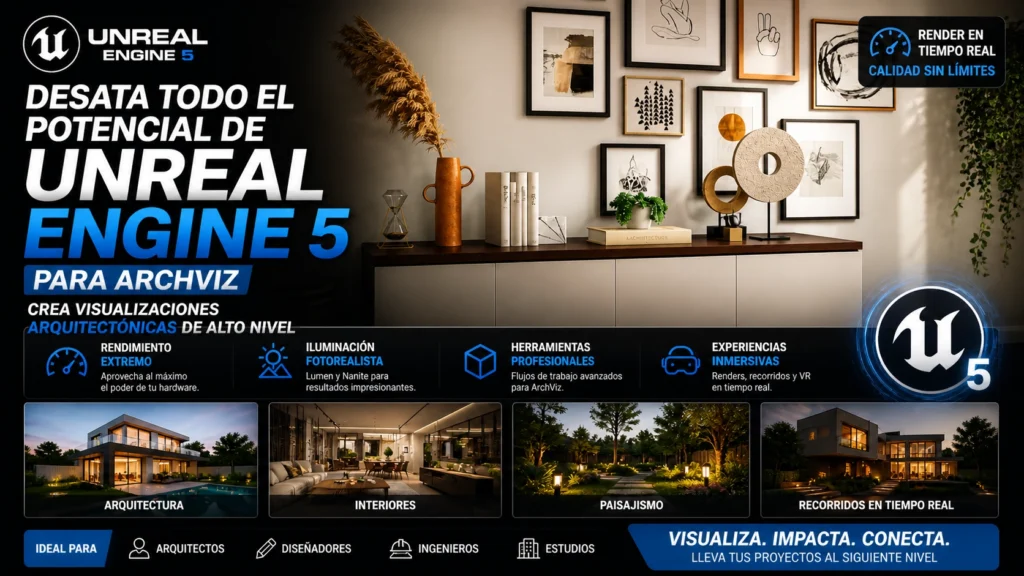 Unreal Engine 5 para Archviz mostrando render interior realista y visualización arquitectónica en tiempo real de alta calidad