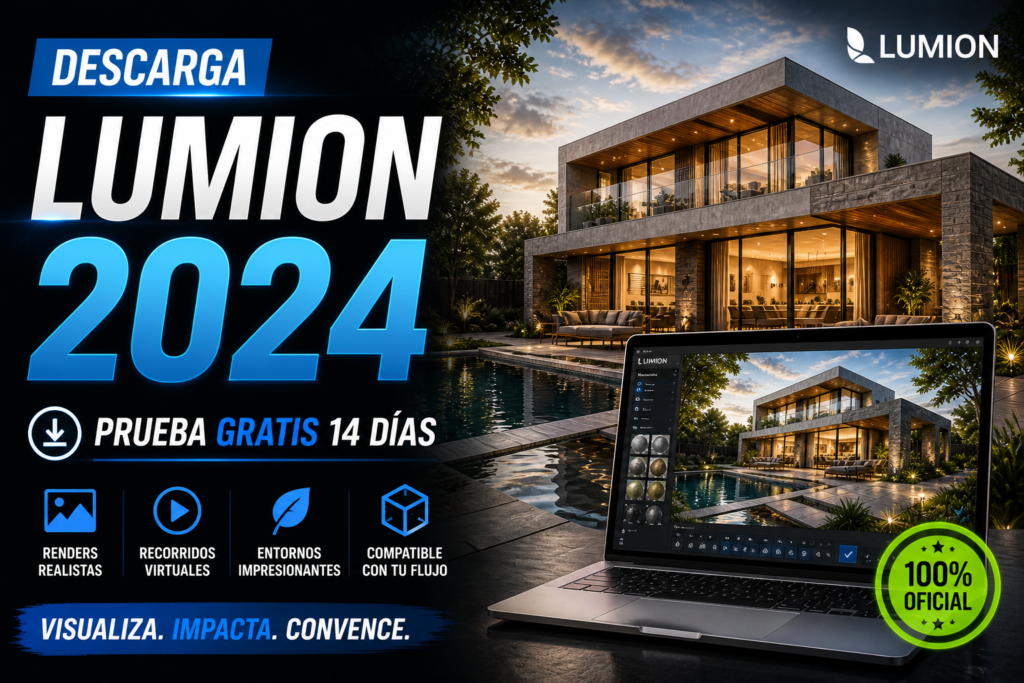 Descargar Lumion 2024 con prueba gratis mostrando render de casa moderna y software de visualización arquitectónica en tiempo real