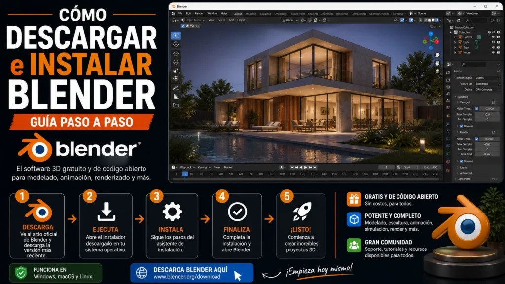 Cómo descargar e instalar Blender paso a paso mostrando interfaz del software y creación de renders arquitectónicos en 3D