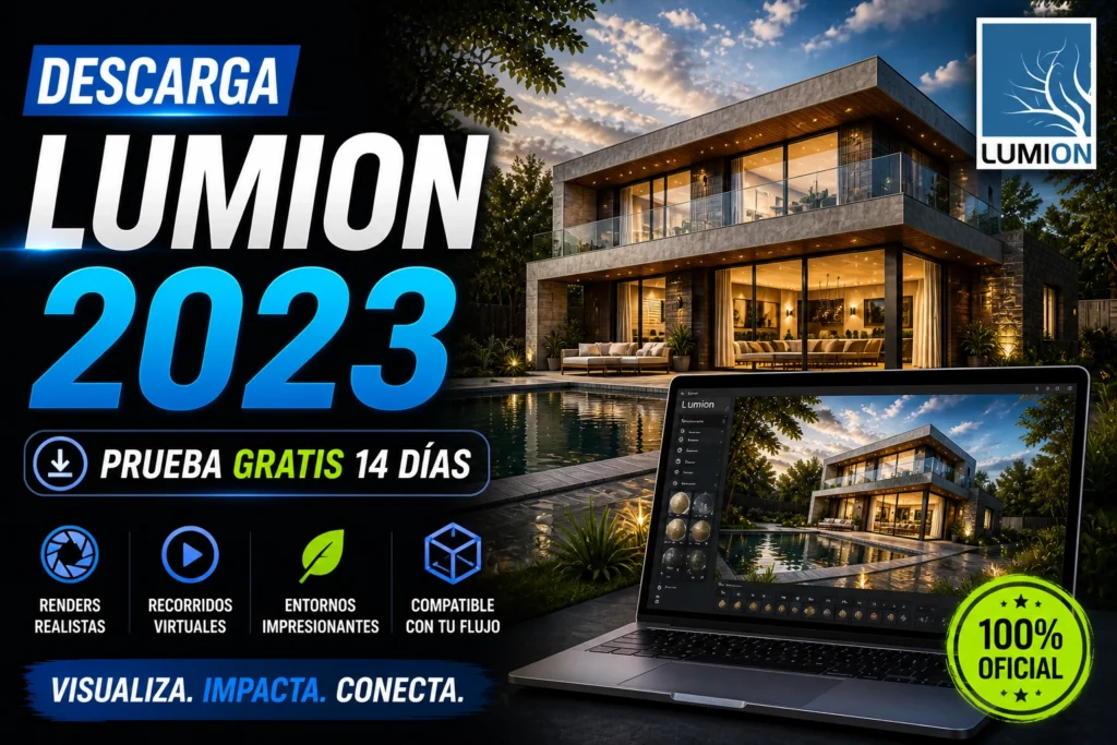 Descargar Lumion 2023 con prueba gratuita mostrando render arquitectónico de vivienda moderna y software de visualización en tiempo real