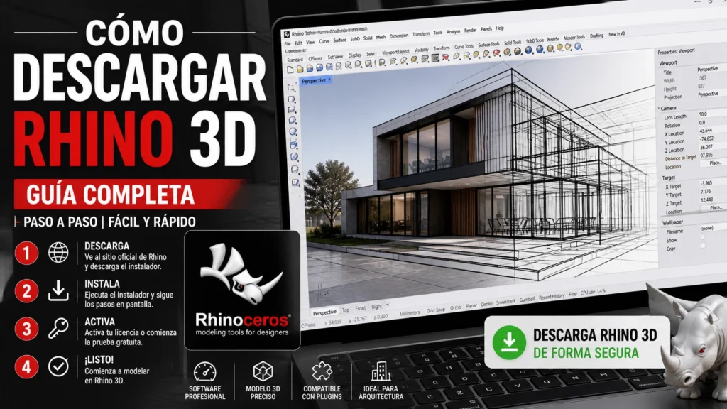 Cómo descargar Rhino 3D mostrando interfaz del software con modelado 3D arquitectónico y proceso de instalación paso a paso