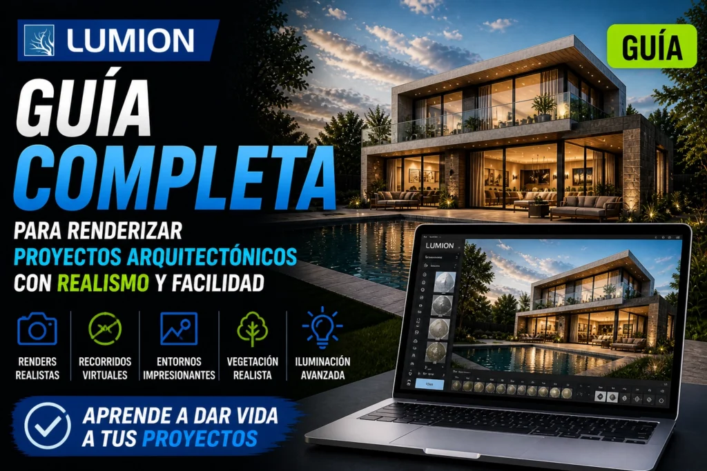 Guía completa de Lumion para renderizar proyectos arquitectónicos con realismo mostrando vivienda moderna y software en tiempo real