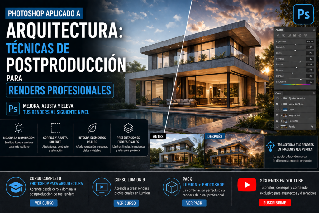 Photoshop aplicado a arquitectura con técnicas de postproducción mostrando render antes y después con mejora de iluminación, color y realismo visual