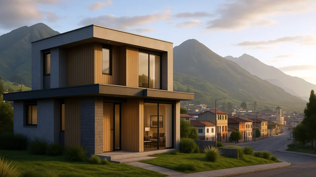 Render 3D de una casa moderna integrada en el paisaje urbano y montañoso de Carchi, con luz cálida al atardecer – ANIMA Audiovisual