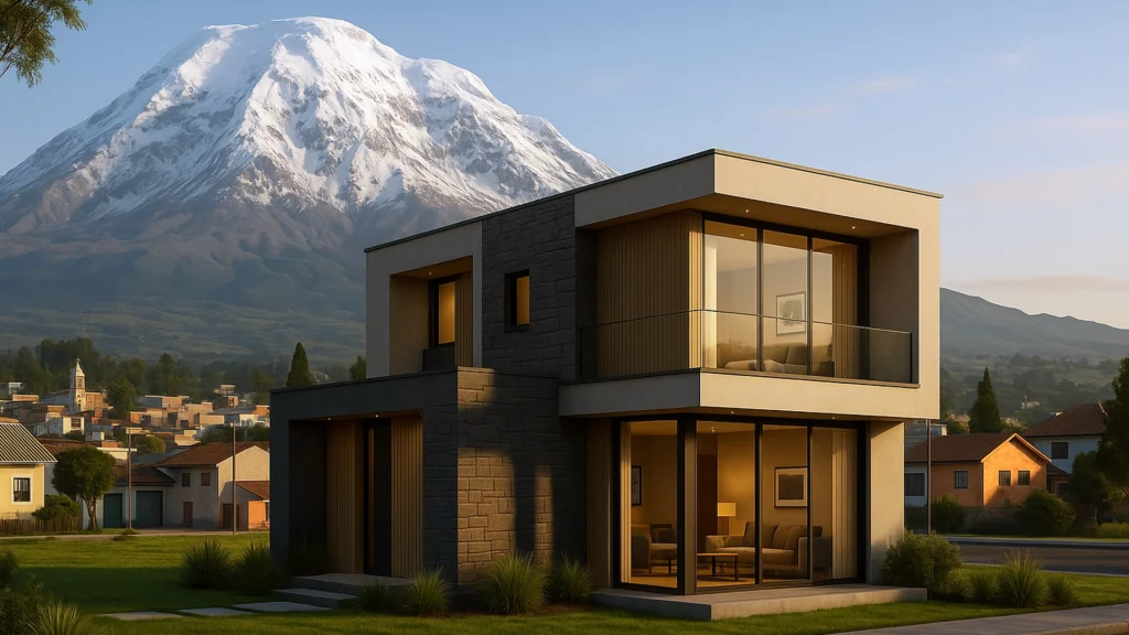 Render 3D de una casa moderna con el Chimborazo nevado al fondo, integrada en el entorno urbano-andino de Riobamba – ANIMA Audiovisual