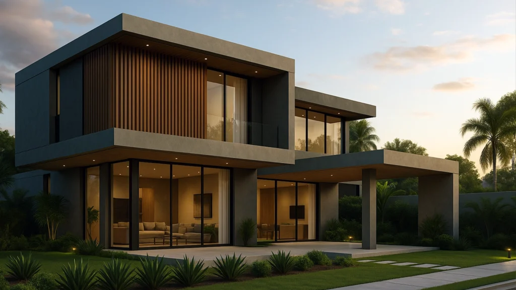 Render 3D de una casa moderna integrada en un paisaje andino de Ecuador, con iluminación cálida al atardecer – ANIMA Audiovisual