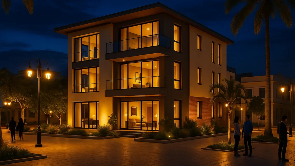 Edificio moderno iluminado de noche en una plaza urbana con palmeras en El Oro, inspirado en el centro de Machala – ANIMA Audiovisual