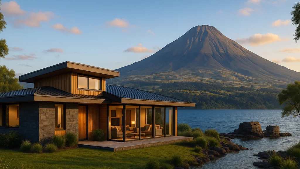 Casa moderna de madera y piedra junto al Lago San Pablo, con vista panorámica al volcán Imbabura en un entorno natural andino – ANIMA Audiovisual