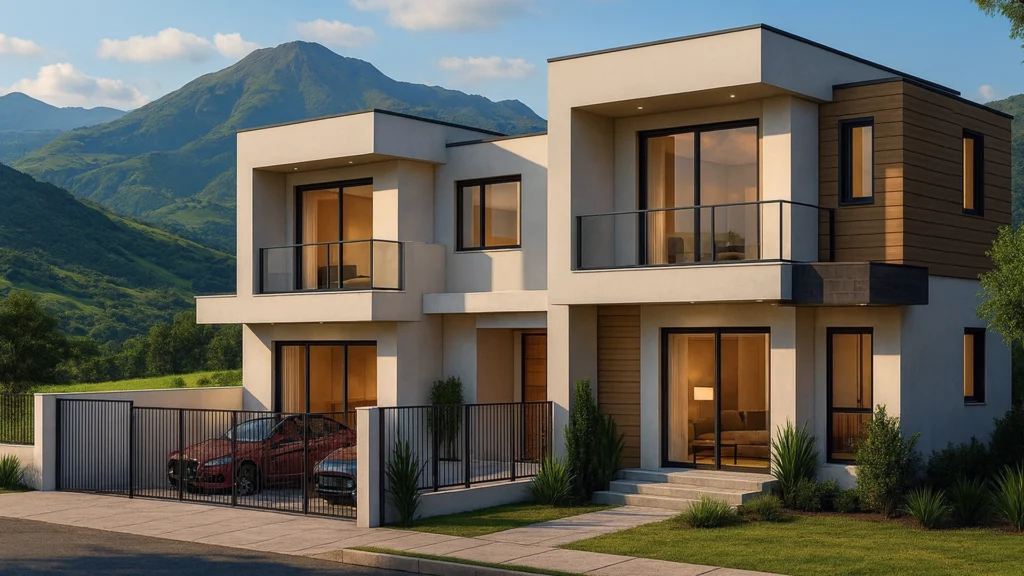 Urbanización moderna de casas dúplex en un valle montañoso de Loja, con arquitectura contemporánea y paisaje andino al fondo – ANIMA Audiovisual