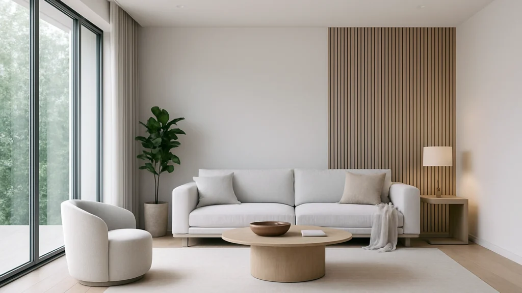 Render 3D de un salón moderno con diseño minimalista, iluminado por luz natural, creado por ANIMA Audiovisual.