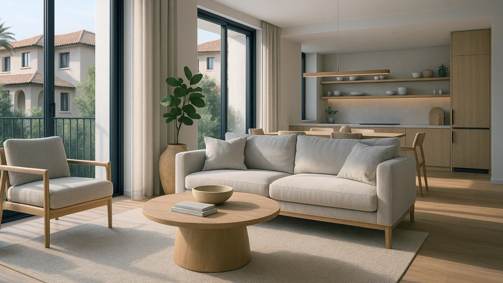 Render 3D fotorrealista de un salón moderno con luz natural, ideal para marketing inmobiliario y proyectos de arquitectura.