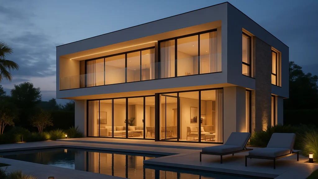 Render 3D exterior de una casa moderna de dos plantas estilo mediterráneo para promoción inmobiliaria.