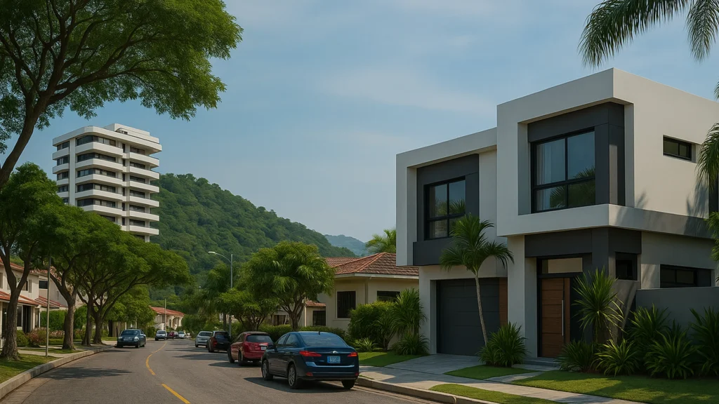 Vista moderna de Ceibos Norte en Guayaquil, con casas contemporáneas, edificios residenciales y áreas verdes en una zona tranquila.