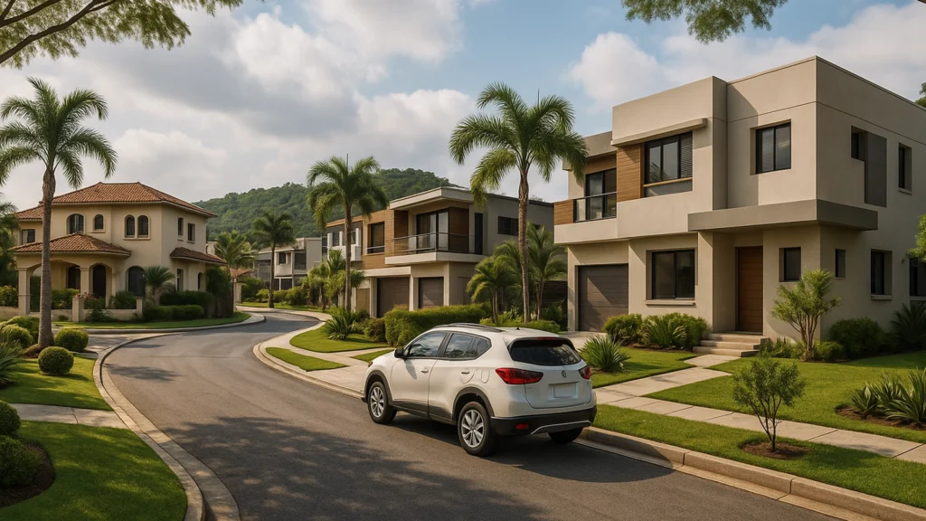 Vista residencial de Colinas de los Ceibos en Guayaquil, con casas modernas, vegetación, áreas familiares y entorno seguro.