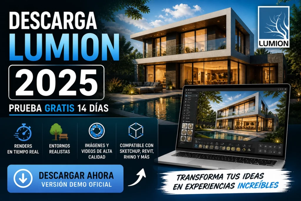 Descargar Lumion 2025 con prueba gratis mostrando render de casa moderna y software en tiempo real para visualización arquitectónica
