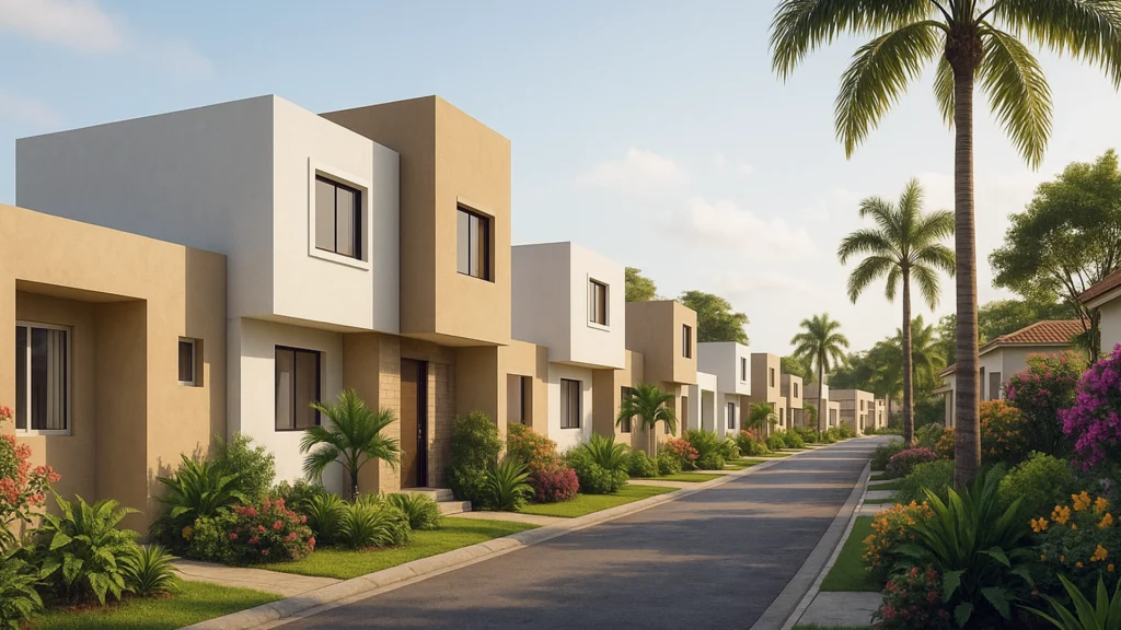 Render 3D de urbanización moderna en El Triunfo, Ecuador