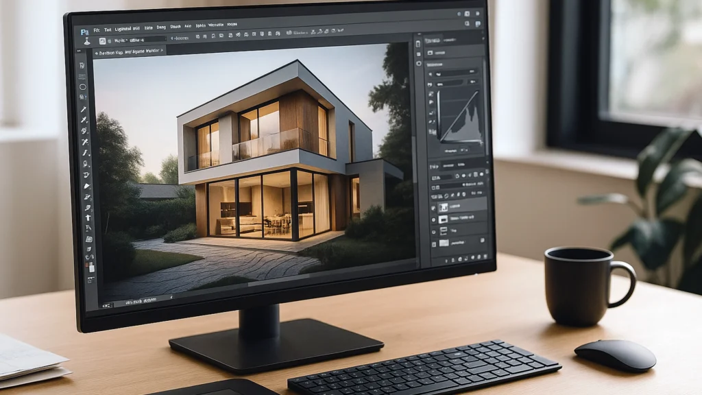 Estación de trabajo profesional mostrando la edición de un render arquitectónico en Photoshop con mejoras de color y luz.