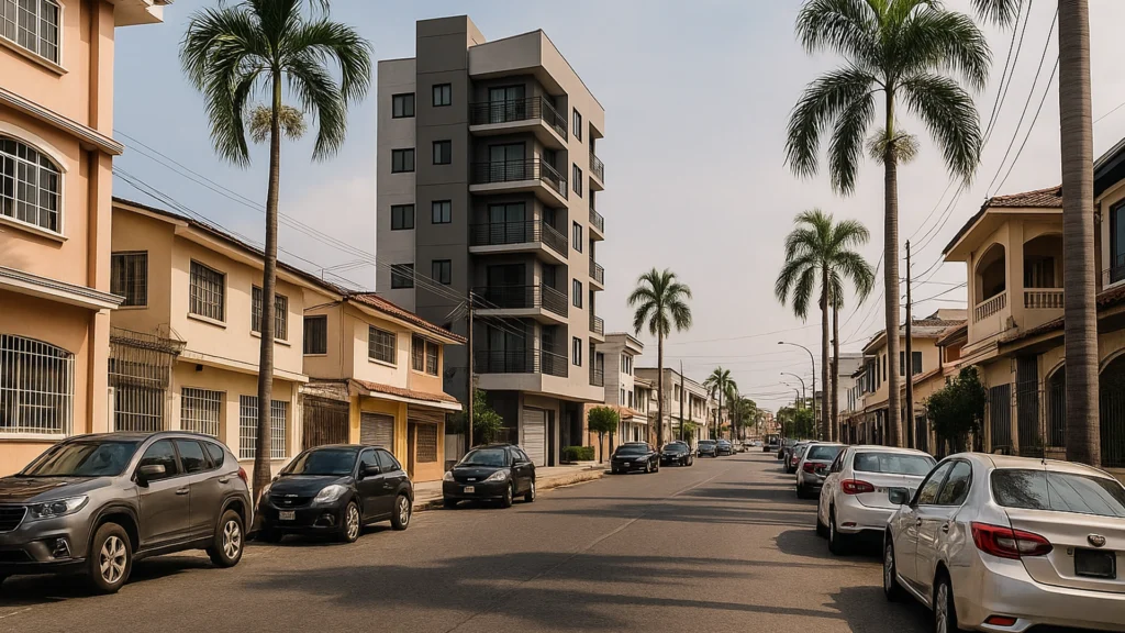 Render realista de La Garzota en Guayaquil, mostrando una calle residencial con casas tradicionales, edificios bajos, autos estacionados y palmeras.