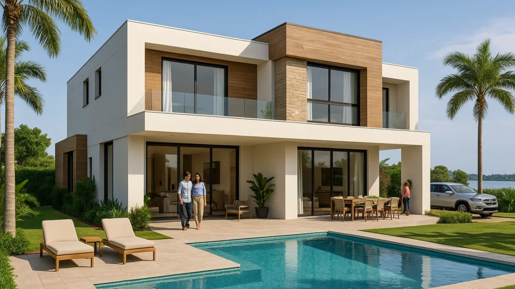 casa moderna con piscina en La Puntilla, Samborondón, rodeada de palmeras y jardín tropical.