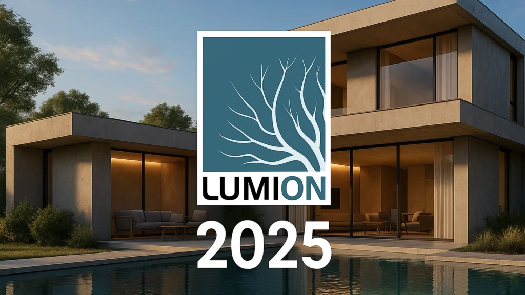 Render arquitectónico moderno creado con Lumion 2025, iluminación al atardecer y materiales PBR de alta calidad