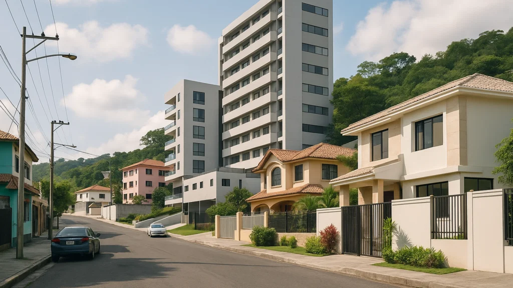 Render realista de Miraflores en Guayaquil, mostrando casas modernas, edificios residenciales en ladera, autos estacionados y colinas verdes al fondo.