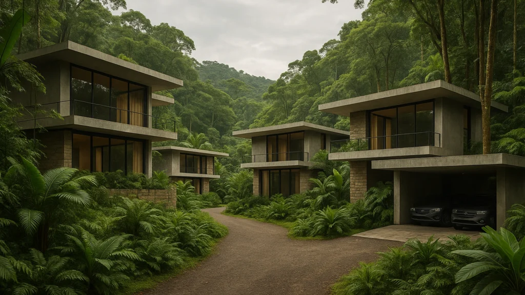 Urbanización moderna en la selva amazónica de Morona Santiago, Ecuador – arquitectura contemporánea rodeada de vegetación tropical
