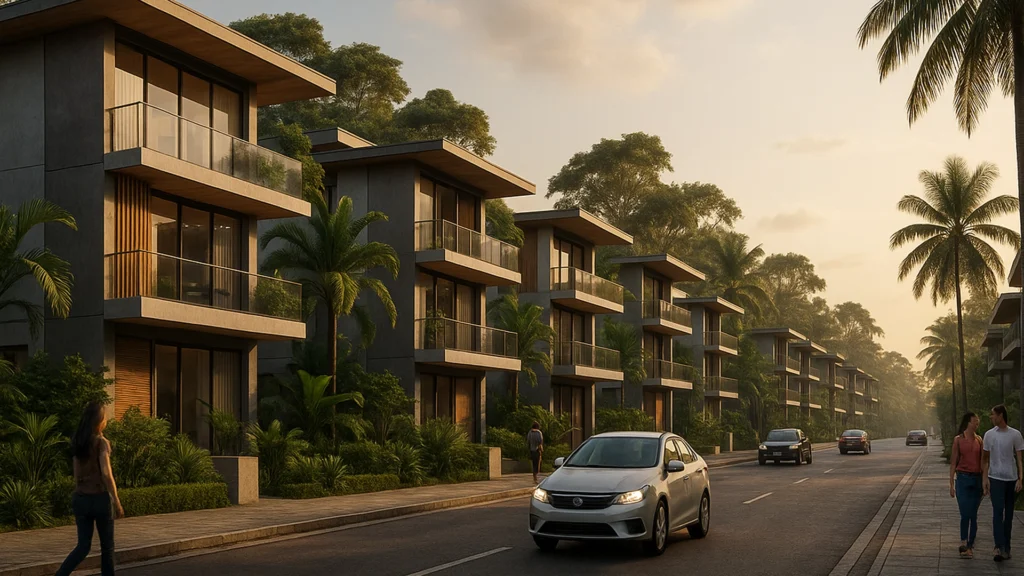 Urbanización moderna y viva en Napo, Ecuador, con autos y personas en un entorno amazónico contemporáneo