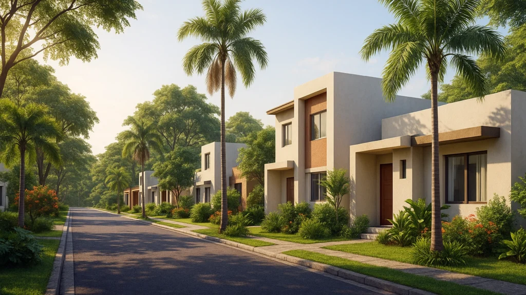 Render 3D de urbanización moderna en Naranjal, Ecuador