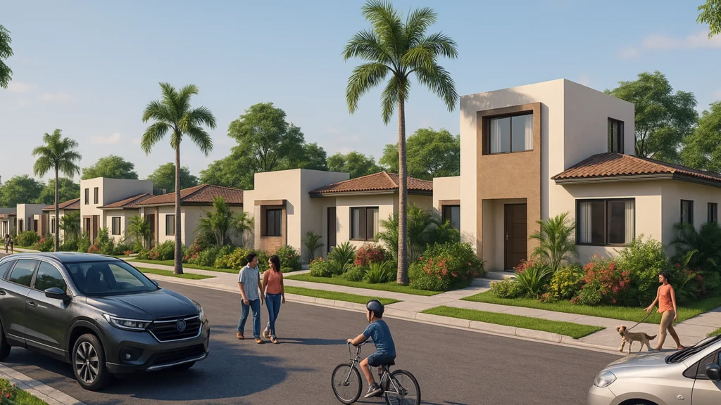 Render 3D de urbanización moderna y tropical con personas y coches en Naranjito, Ecuador