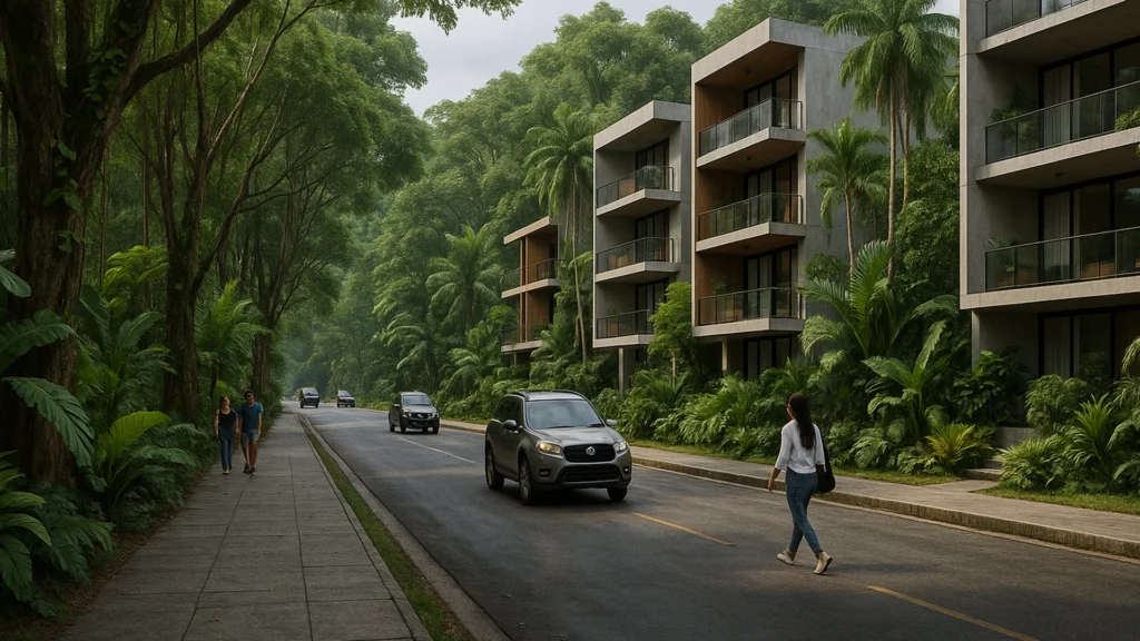 Urbanización moderna en Orellana, Ecuador, con personas y autos en un entorno amazónico contemporáneo