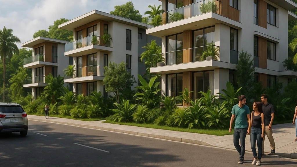 Urbanización moderna con personas y autos en Pastaza, Ecuador, arquitectura contemporánea en entorno amazónico