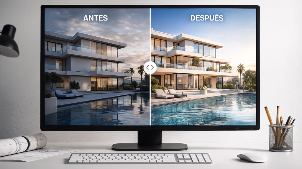Comparación antes y después de un render arquitectónico mostrando cómo Photoshop mejora iluminación, colores y detalles.