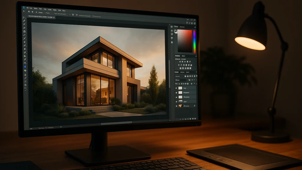 Render arquitectónico editado en Photoshop mostrando una casa moderna con iluminación y ajustes de postproducción.