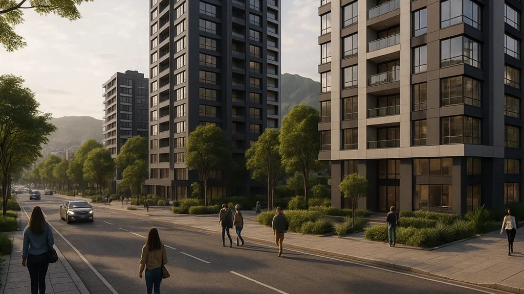Edificios modernos en Pichincha, Ecuador, con personas y autos en un entorno urbano contemporáneo