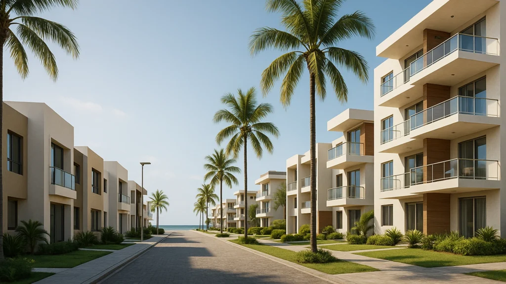 Render 3D de urbanización moderna y edificios residenciales en Playas, Ecuador