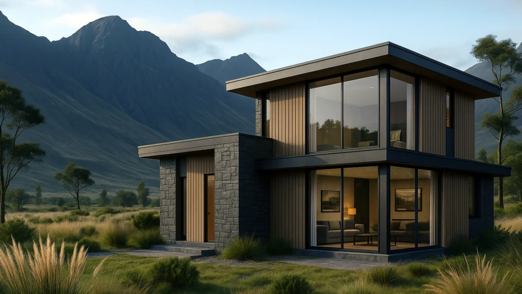 Render 3D de una vivienda moderna en la provincia de Bolívar Ecuador con paisaje montañoso andino de fondo