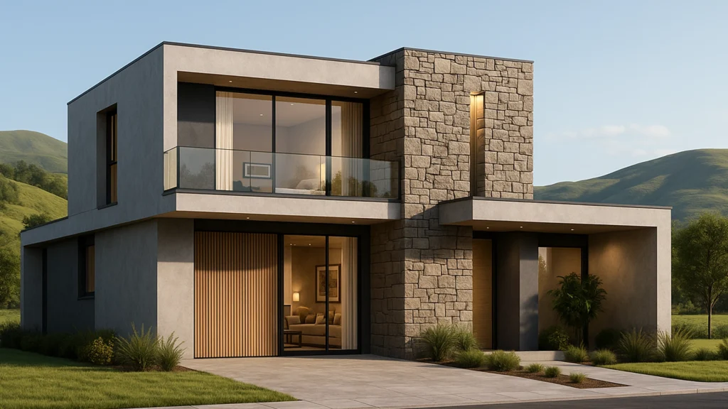 Render 3D de una casa moderna en Cañar con paisaje andino al fondo