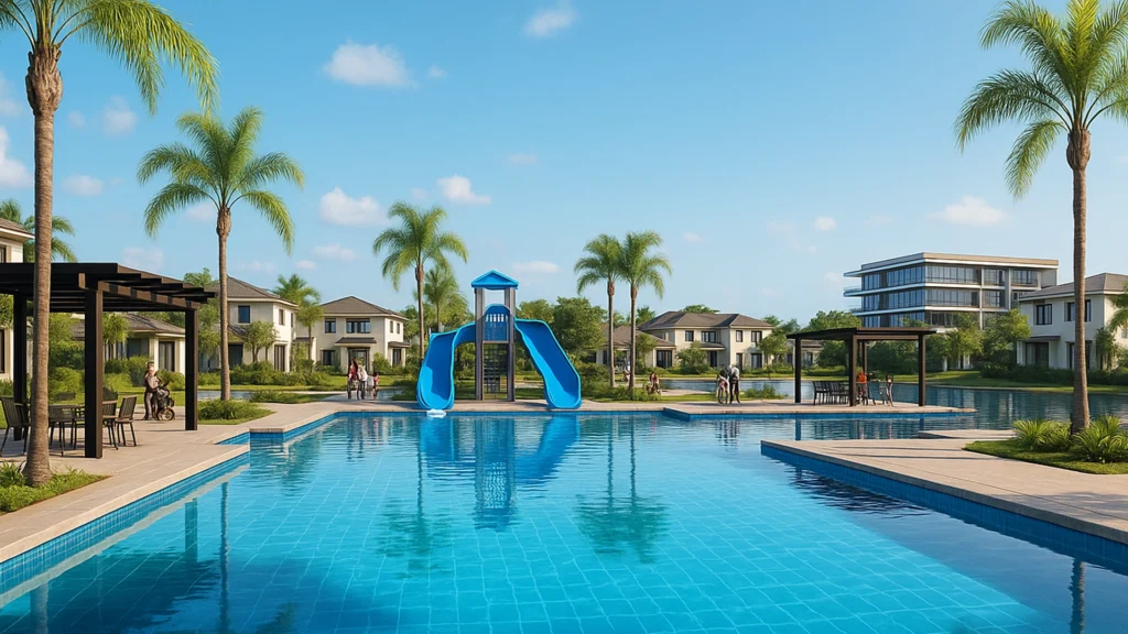 Render 3D de Ciudad Celeste en Samborondón, mostrando áreas sociales con piscina, pérgolas, palmeras y casas modernas en un día despejado