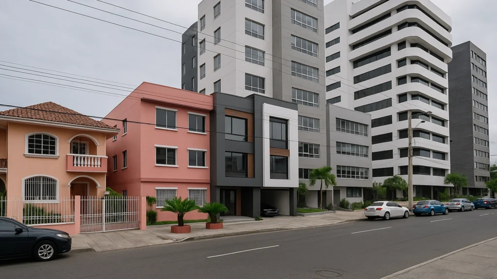 Render 3D de Kennedy Norte en Guayaquil, mostrando edificios modernos, oficinas, residencias y una avenida urbana con vehículos estacionados