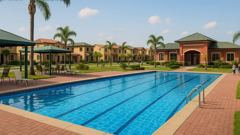 Render 3D de La Joya en Guayas, mostrando piscina comunitaria, casas de dos plantas, pérgolas y áreas verdes en un día soleado