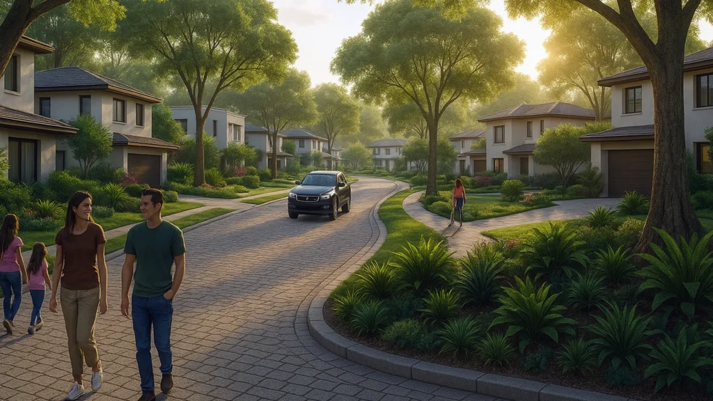 Render 3D de una zona residencial moderna dentro de La Puntilla, con casas contemporáneas, áreas verdes y personas caminando al atardecer